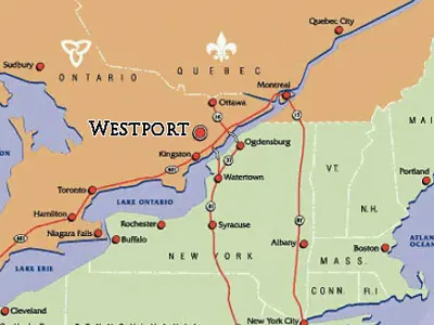 Map of Eastern Ontario showing location of Westport