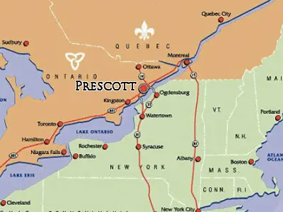 Map of Eastern Ontario showing location of Prescott