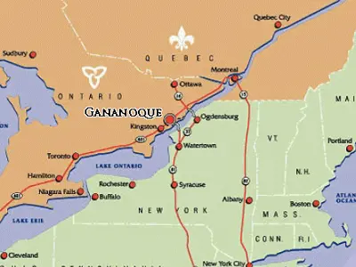 Map of Eastern Ontario showing location of Gananoque