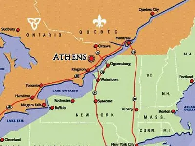 Map of Eastern Ontario showing location of Athens